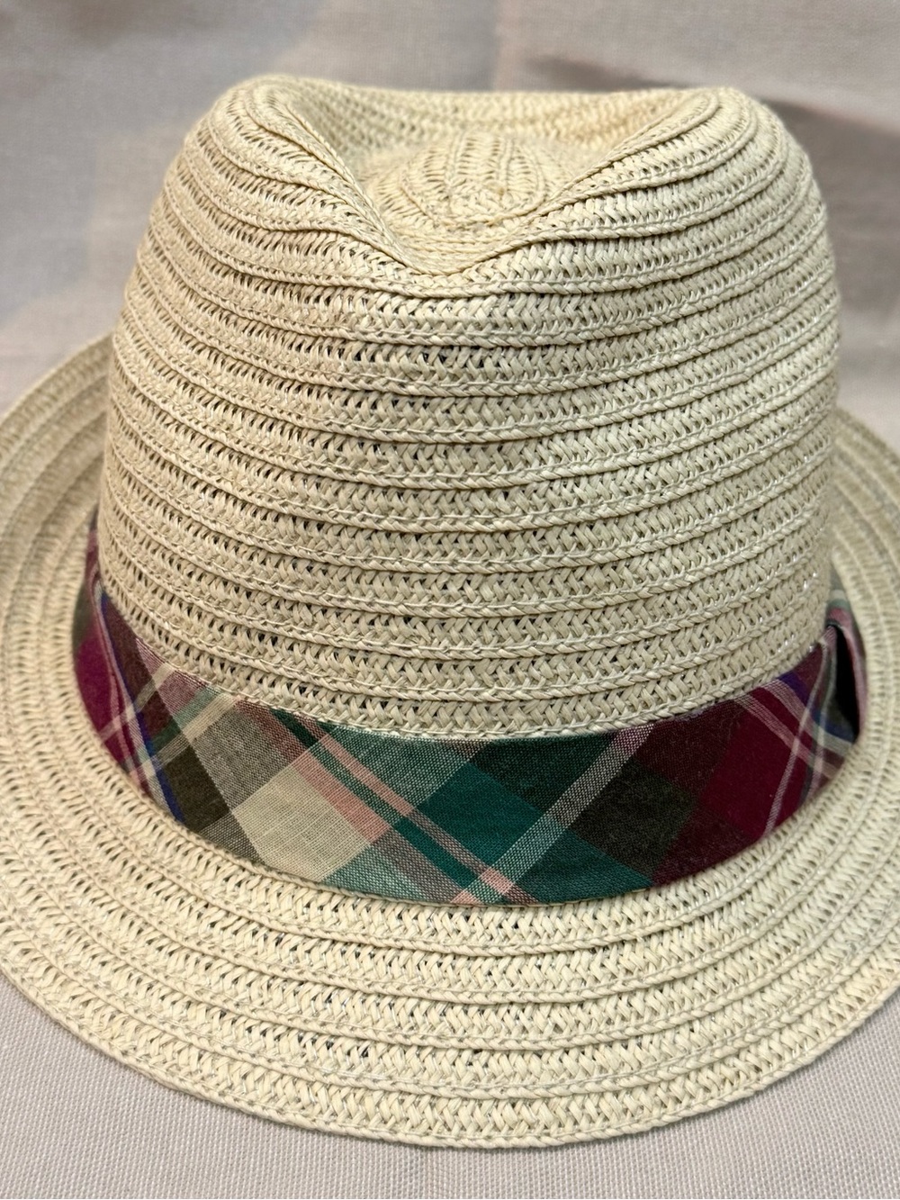 Polo by Ralph Lauren Cream Straw Fedora with Multicolor Plaid Band